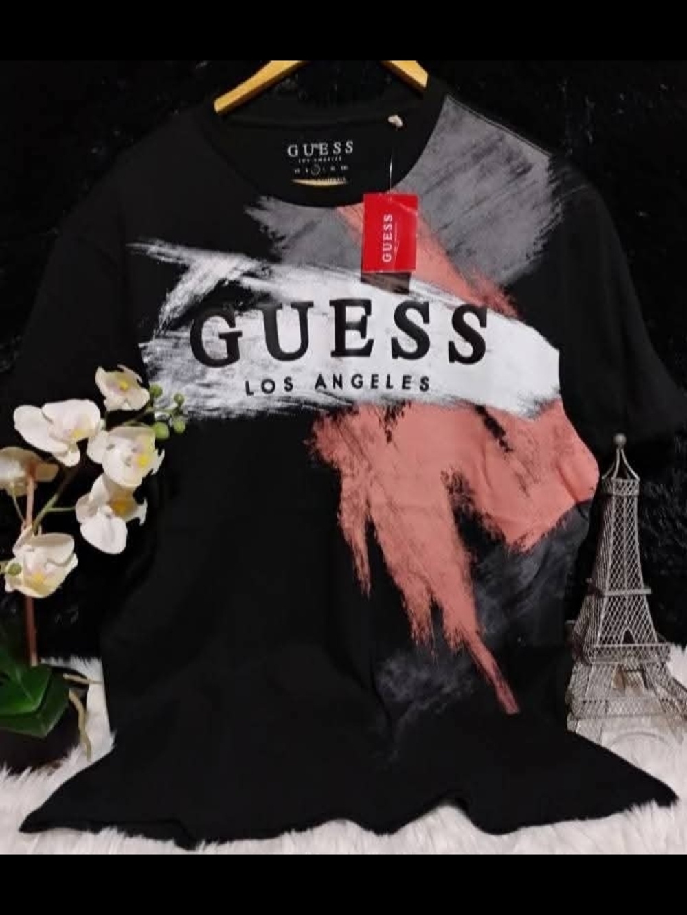 GUESS Los Angeles Black T-Shirt with White & Coral Brushstroke